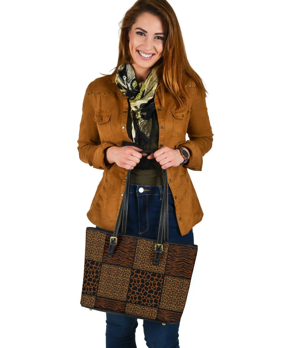 Animal Print Safari Patchwork Tote Bag Vegan Leather