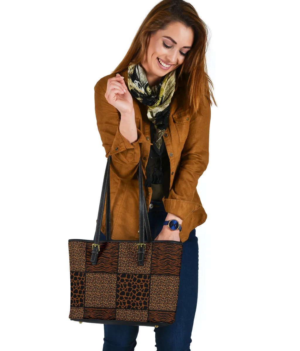 Animal Print Safari Patchwork Tote Bag Vegan Leather