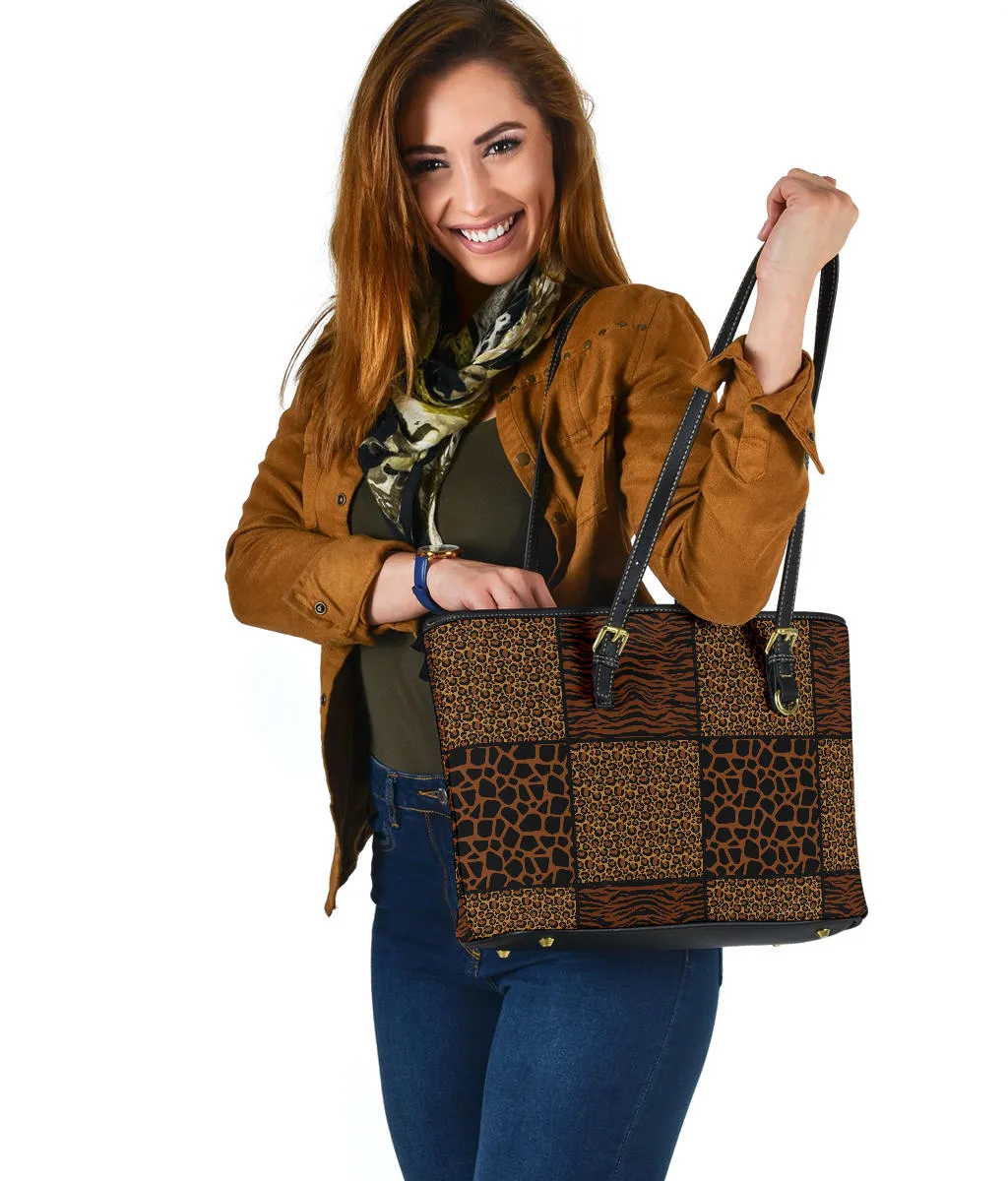 Animal Print Safari Patchwork Tote Bag Vegan Leather