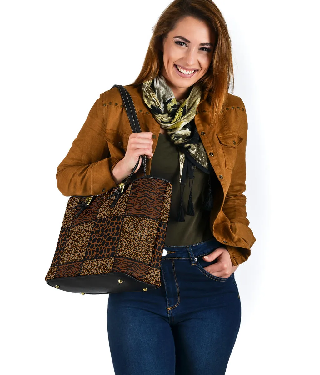 Animal Print Safari Patchwork Tote Bag Vegan Leather