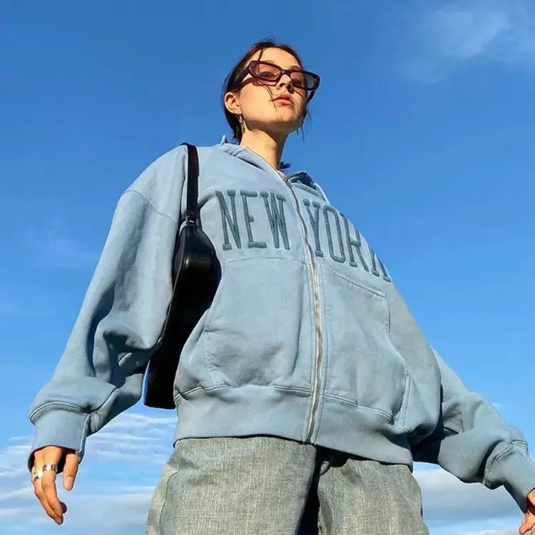 Baby Blue Y2K Hoodie with Stylish New York Embroidery