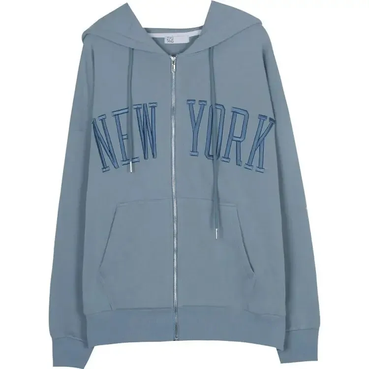 Baby Blue Y2K Hoodie with Stylish New York Embroidery
