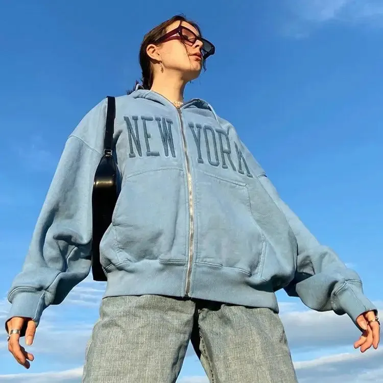 Baby Blue Y2K Hoodie with Stylish New York Embroidery