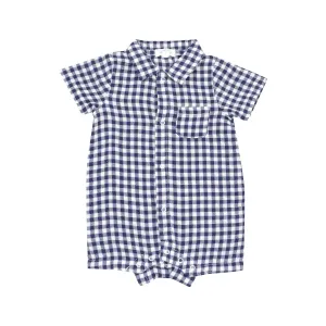 Baby Boy Jumpsuits and Rompers | Button Down Polo Shortie- Navy Gingham | Angel Dear