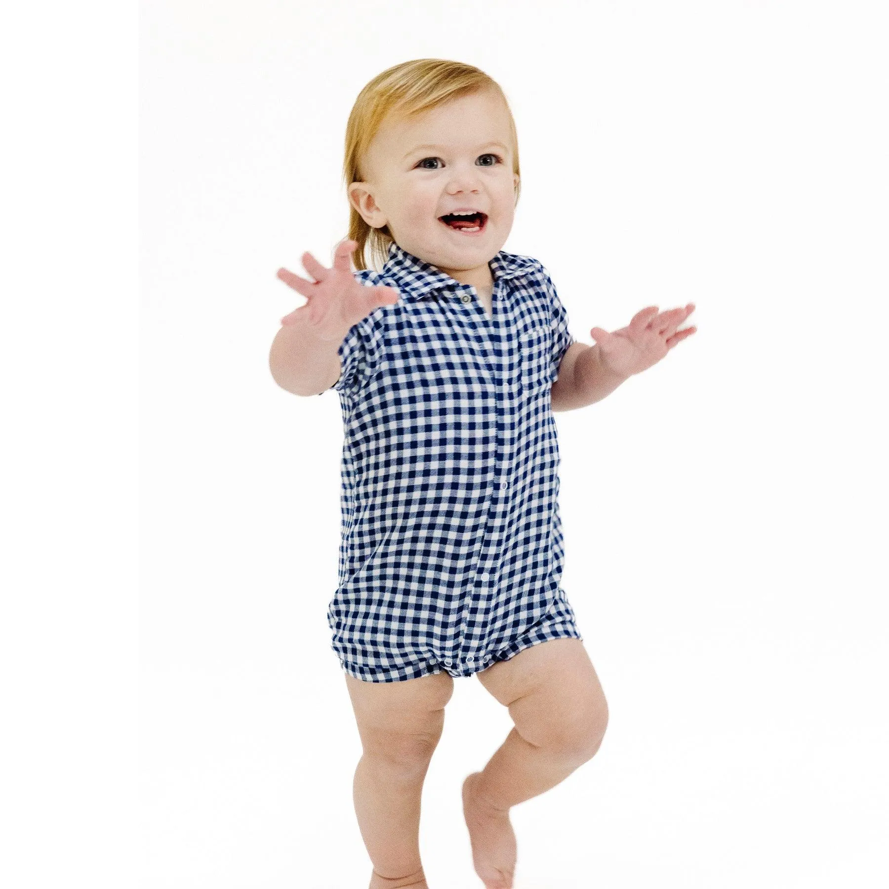 Baby Boy Jumpsuits and Rompers | Button Down Polo Shortie- Navy Gingham | Angel Dear