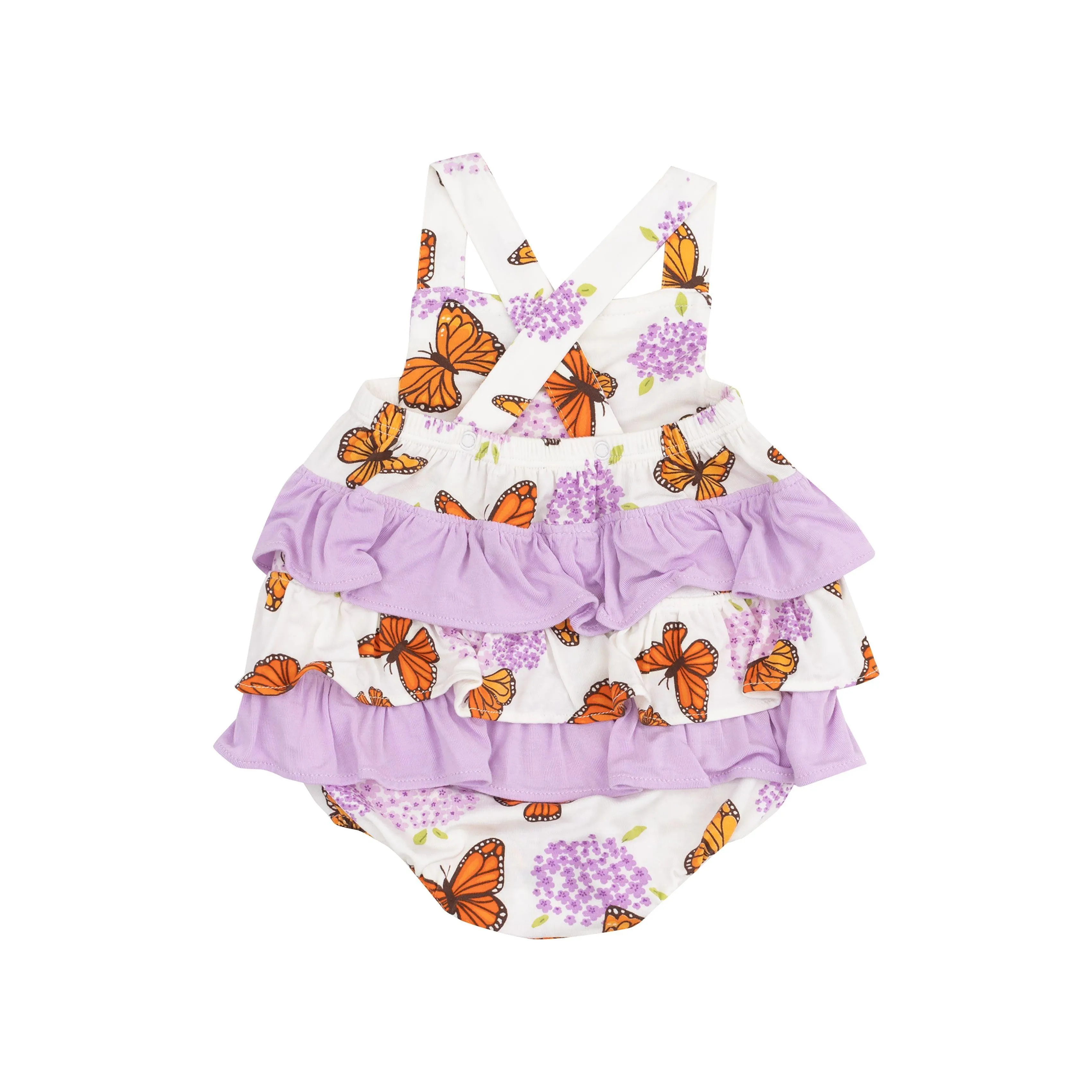 Baby Girl Jumpsuits and Rompers | Ruffle Sunsuit - Monarch Butterflies and Milkweed| Angel Dear