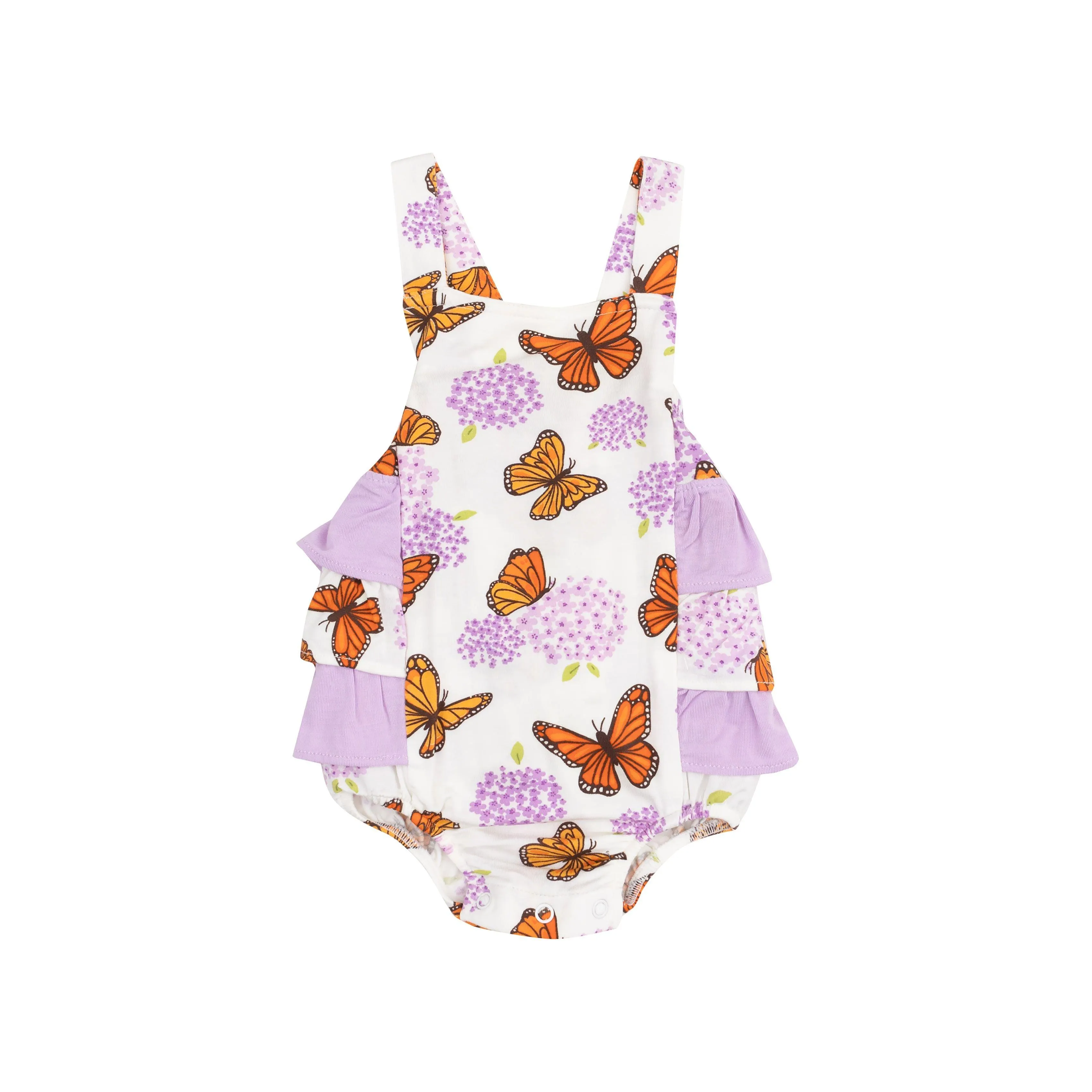 Baby Girl Jumpsuits and Rompers | Ruffle Sunsuit - Monarch Butterflies and Milkweed| Angel Dear
