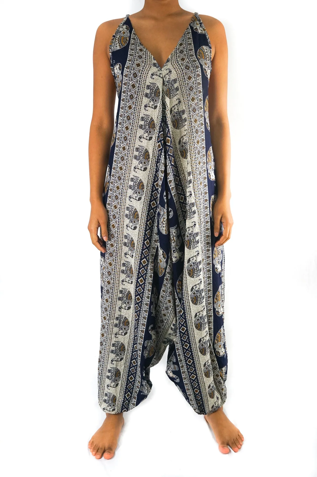 Bohemian Harem Jumpsuit- Navy Blue Elephant Tribal