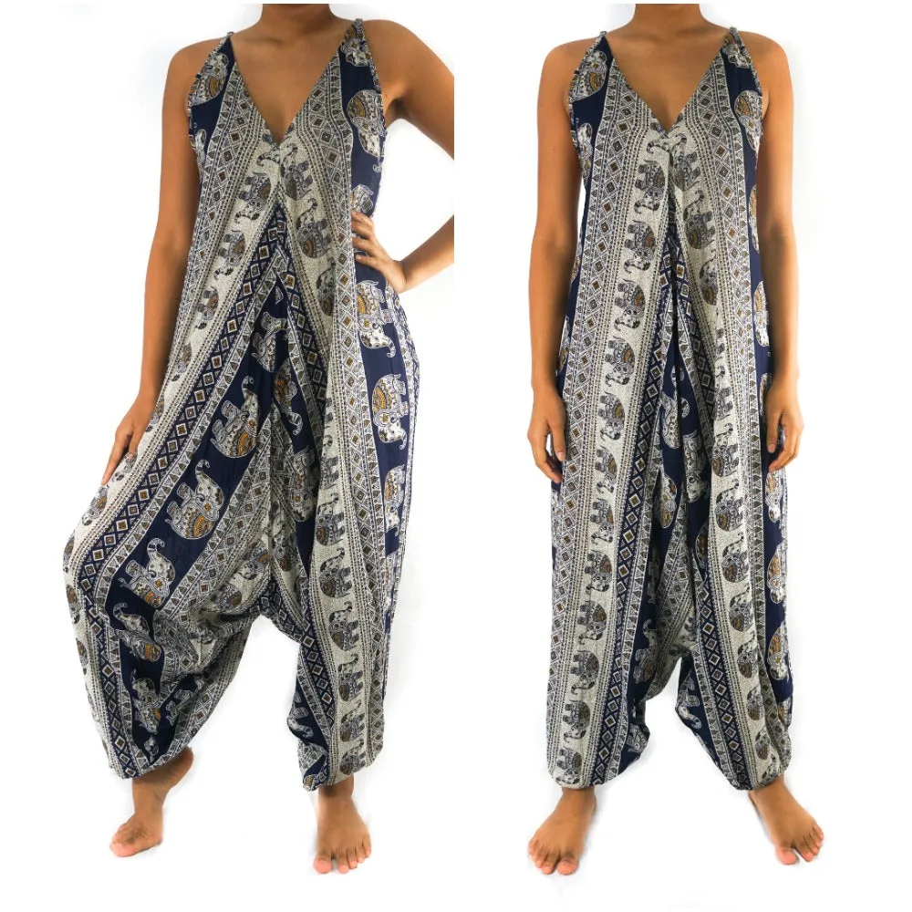 Bohemian Harem Jumpsuit- Navy Blue Elephant Tribal