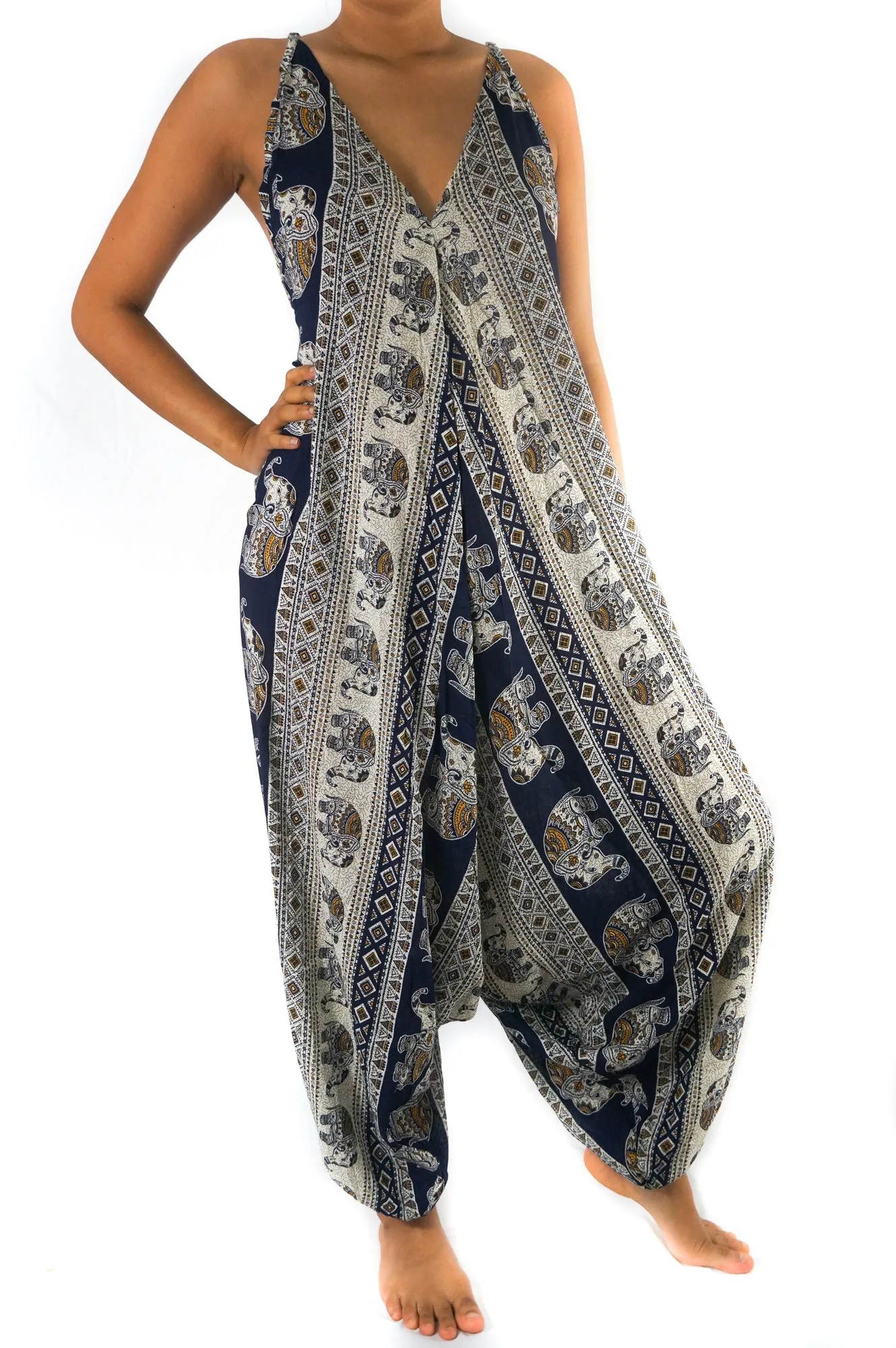 Bohemian Harem Jumpsuit- Navy Blue Elephant Tribal