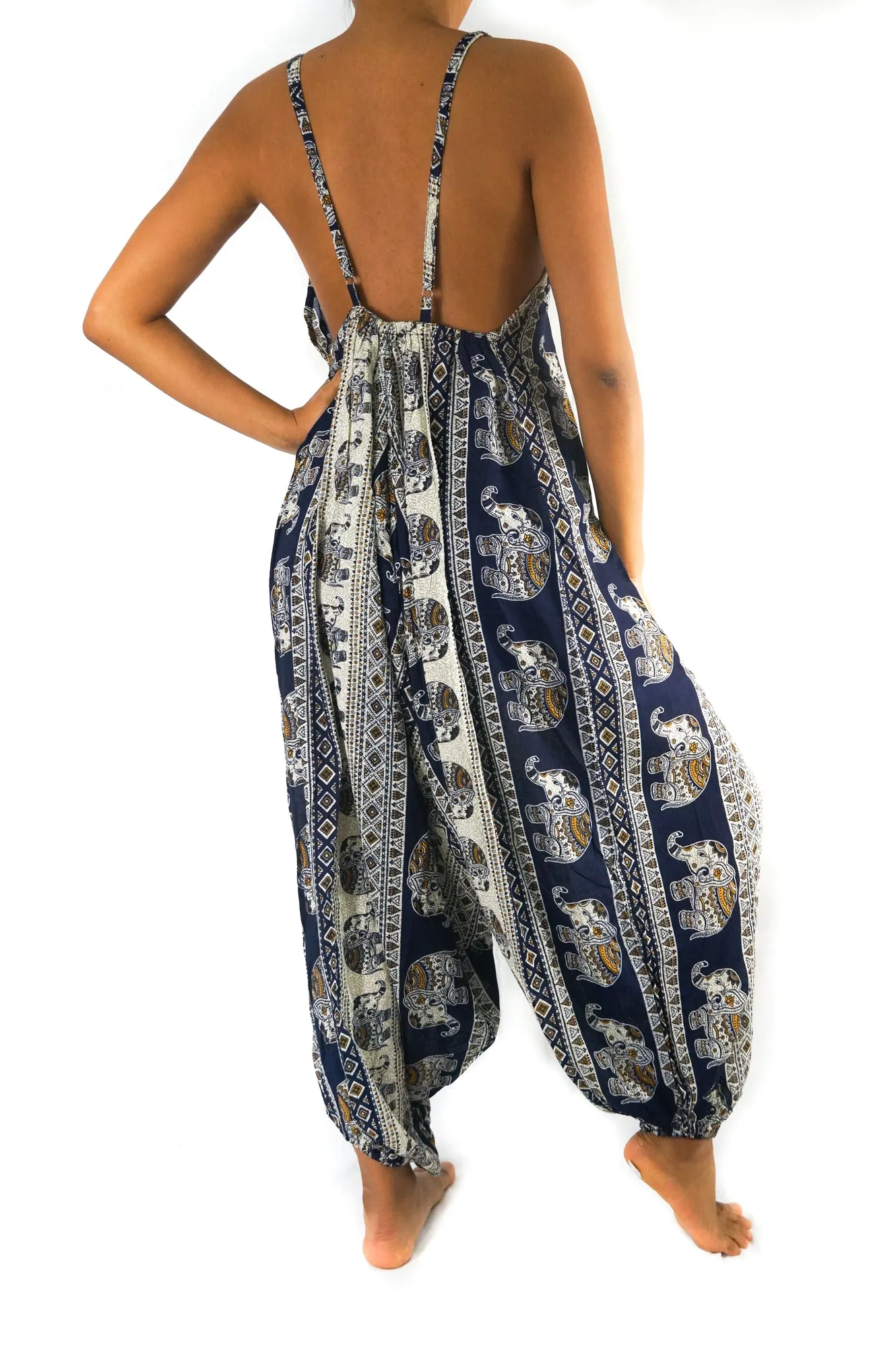Bohemian Harem Jumpsuit- Navy Blue Elephant Tribal