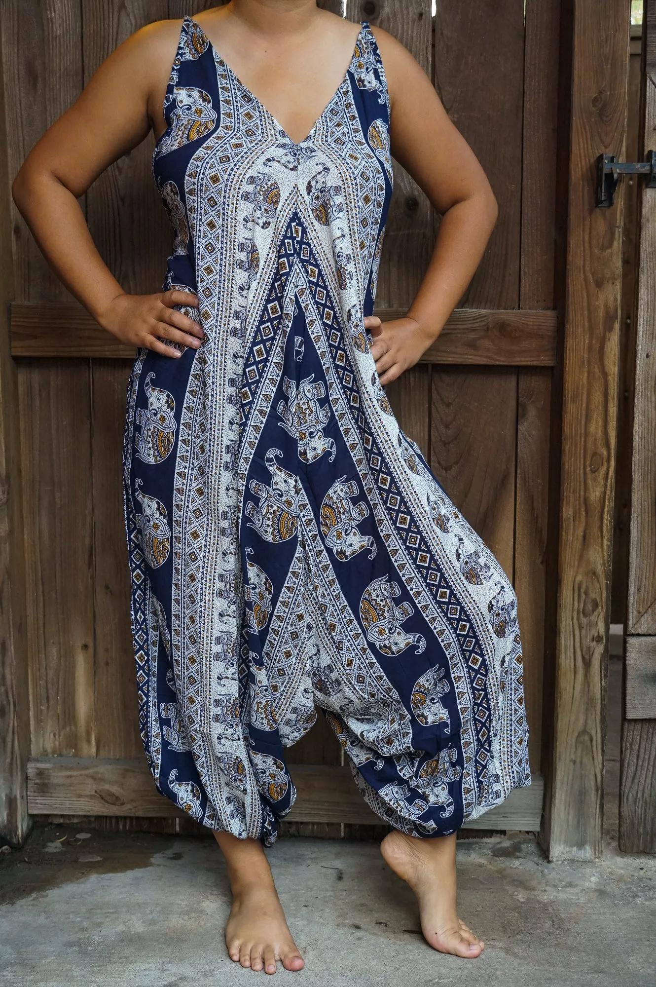 Bohemian Harem Jumpsuit- Navy Blue Elephant Tribal