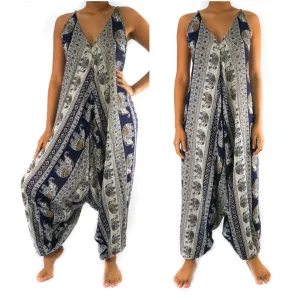 Bohemian Harem Jumpsuit- Navy Blue Elephant Tribal