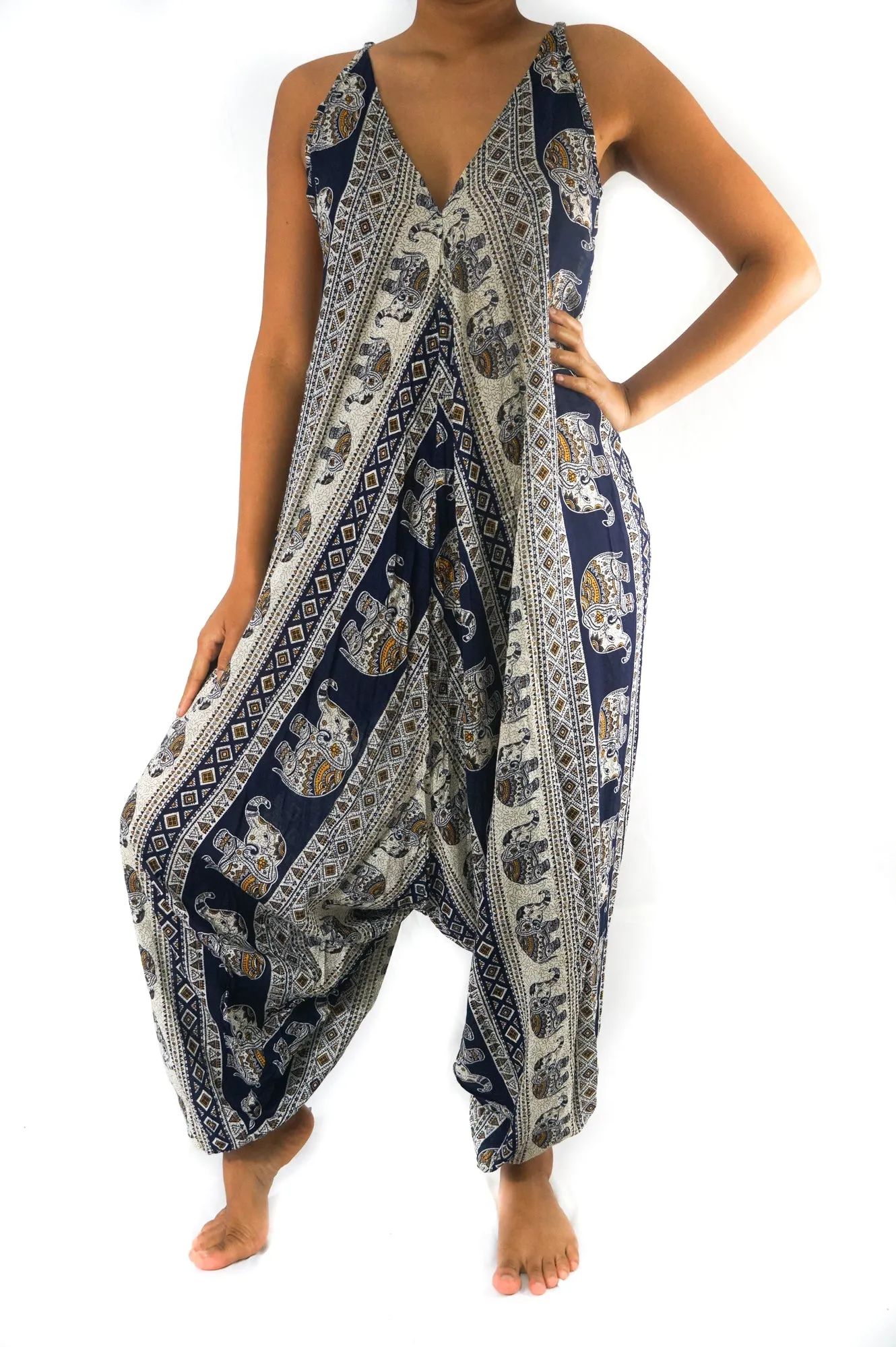 Bohemian Harem Jumpsuit- Navy Blue Elephant Tribal