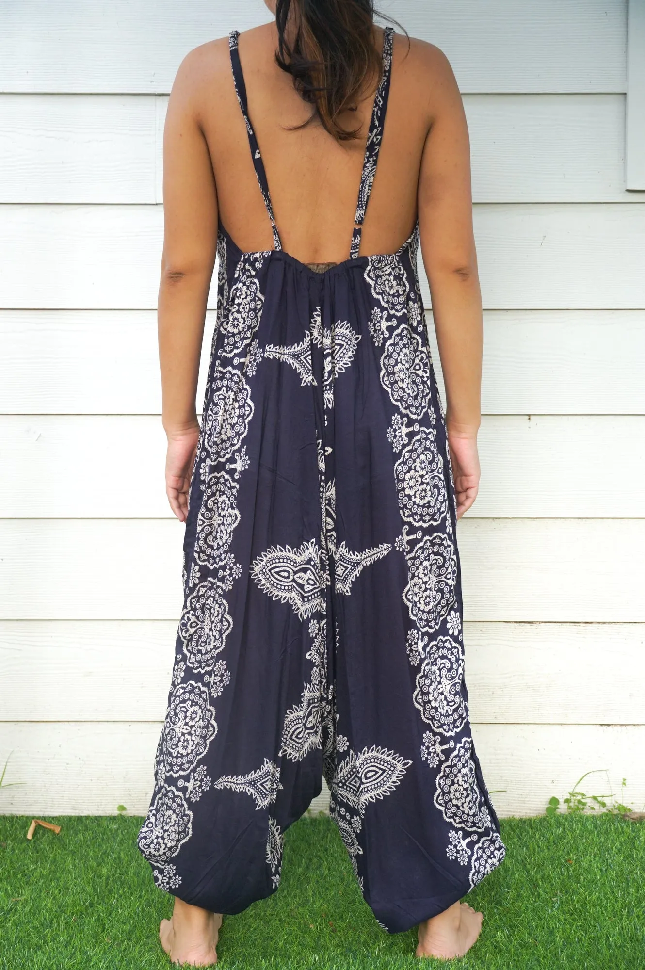 Bohemian Harem Jumpsuit- Navy Blue Mandala Snowflake