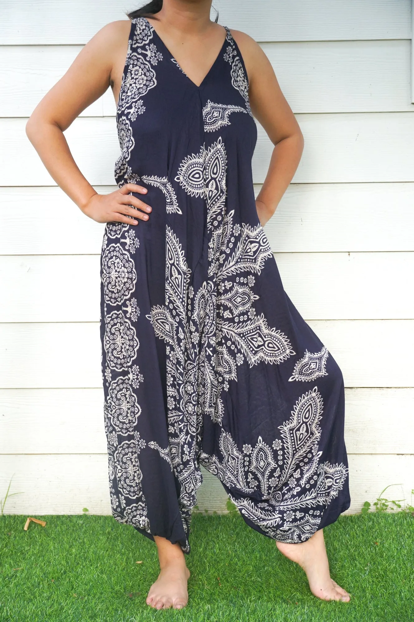 Bohemian Harem Jumpsuit- Navy Blue Mandala Snowflake
