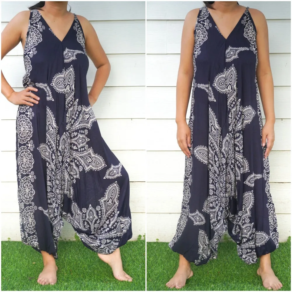 Bohemian Harem Jumpsuit- Navy Blue Mandala Snowflake