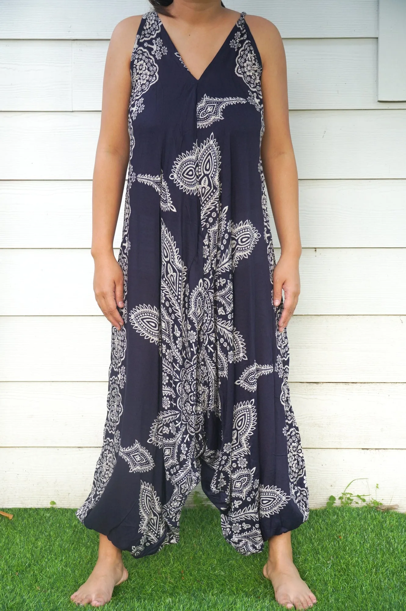 Bohemian Harem Jumpsuit- Navy Blue Mandala Snowflake