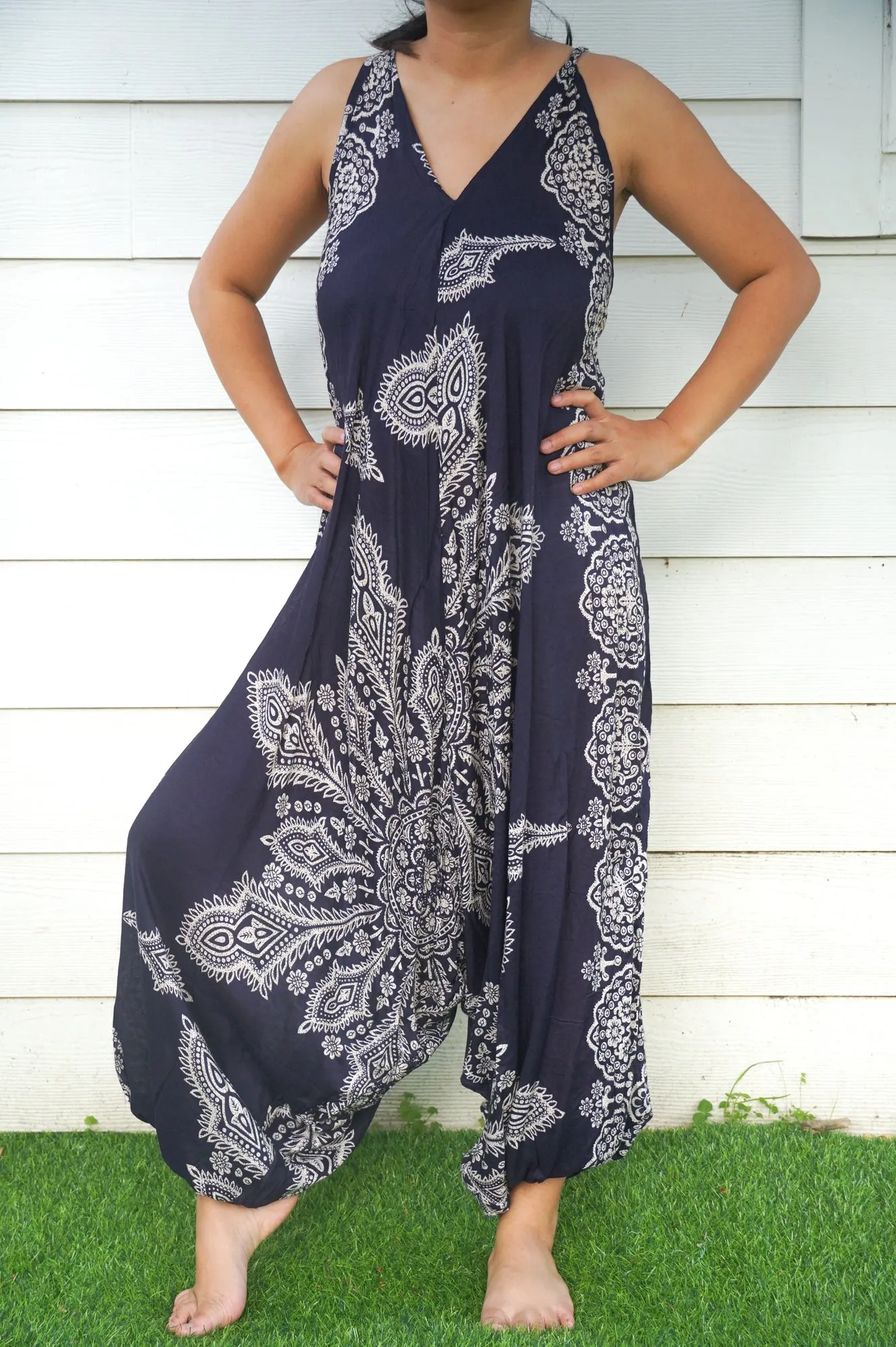 Bohemian Harem Jumpsuit- Navy Blue Mandala Snowflake