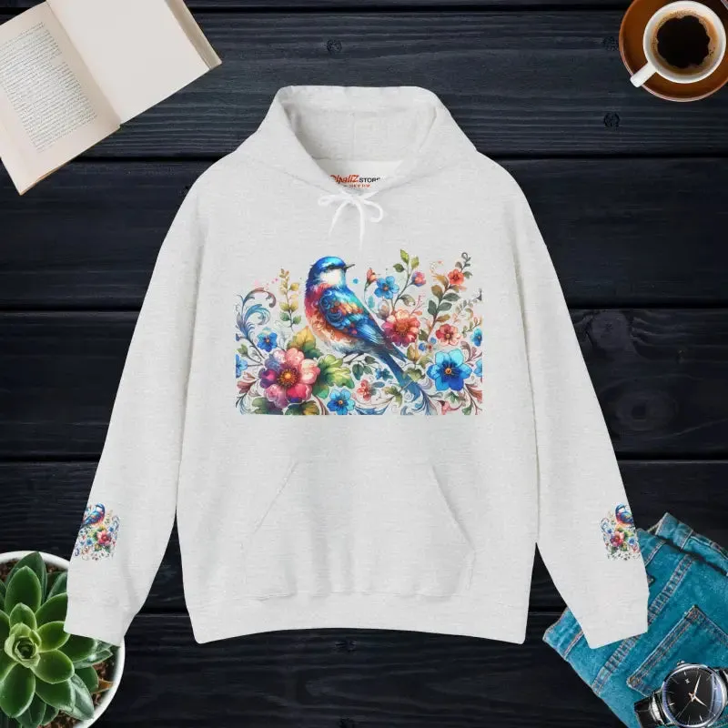 Bold Unisex Heavy Hooded Sweatshirt with Vibrant Bird