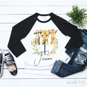 Boys Safari Birthday Raglan T-Shirt | Personalised Safari Themed Birthday Top