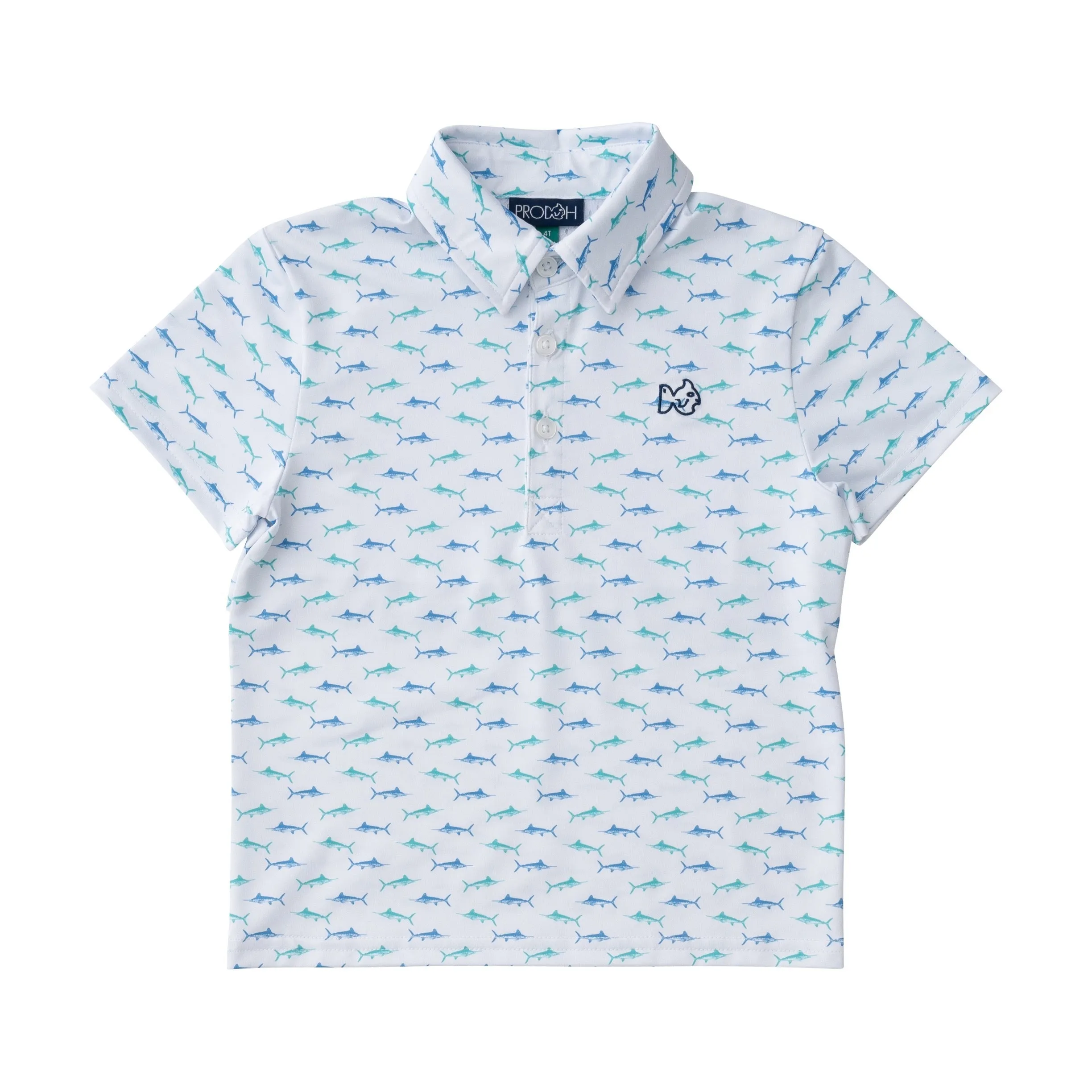 Boys Short Sleeve Pro Performance Polo in Fish Print on White