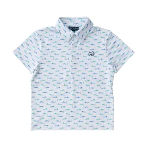 Boys Short Sleeve Pro Performance Polo in Fish Print on White