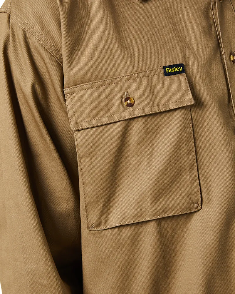 Closed Front Mens Cotton Drill LS Shirt - Khaki