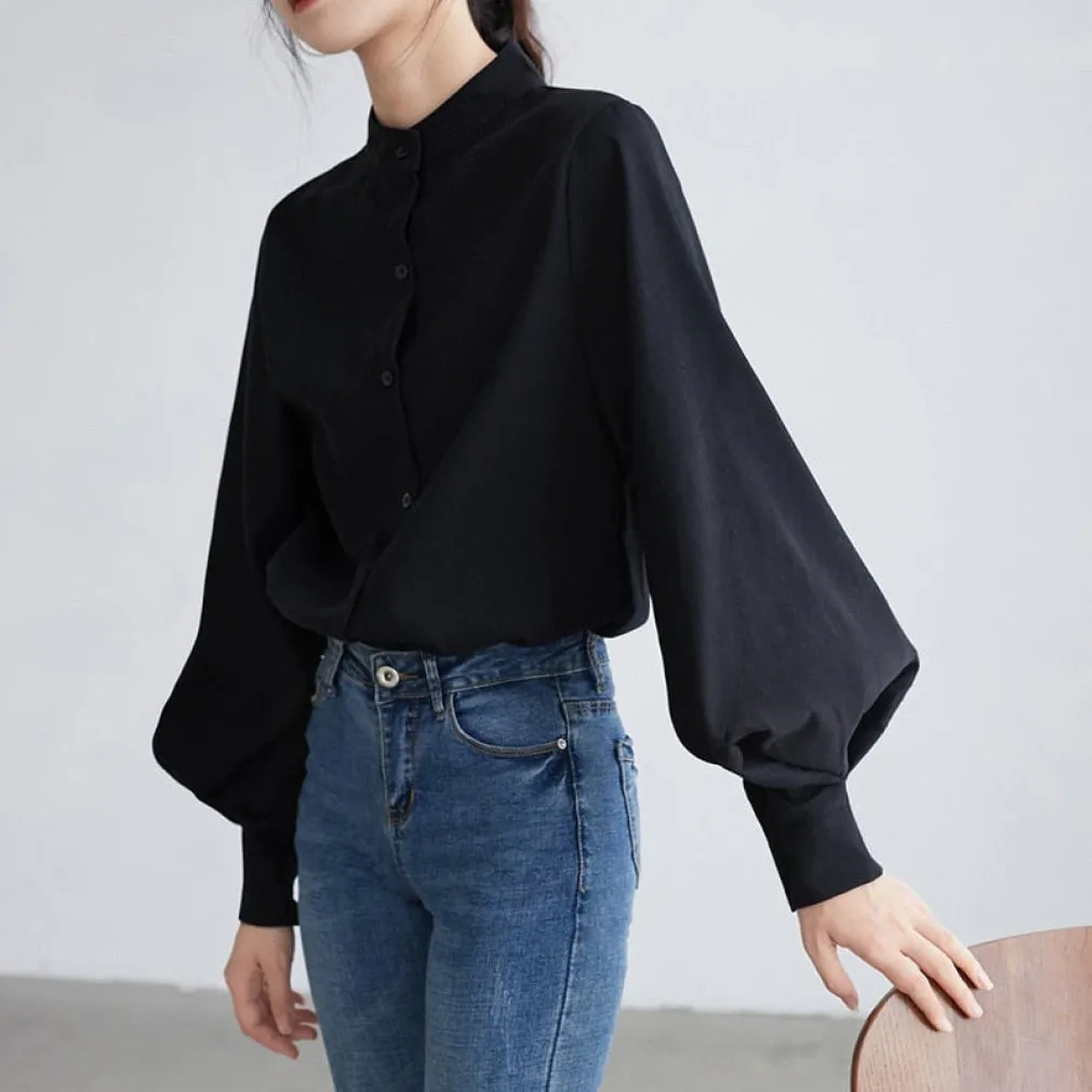 ContiNent 33 Big Lantern Sleeve Blouse Women Autumn Winter Single Breasted Stand Collar Shirts Office Work Blouse Solid Vintage Blouse Shirts