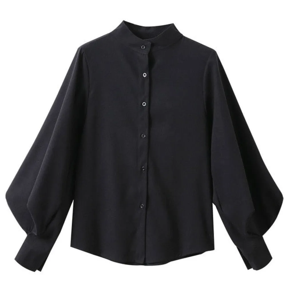 ContiNent 33 Big Lantern Sleeve Blouse Women Autumn Winter Single Breasted Stand Collar Shirts Office Work Blouse Solid Vintage Blouse Shirts