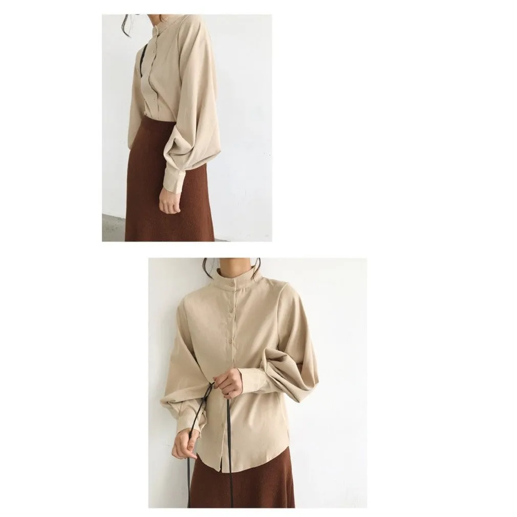 ContiNent 33 Big Lantern Sleeve Blouse Women Autumn Winter Single Breasted Stand Collar Shirts Office Work Blouse Solid Vintage Blouse Shirts