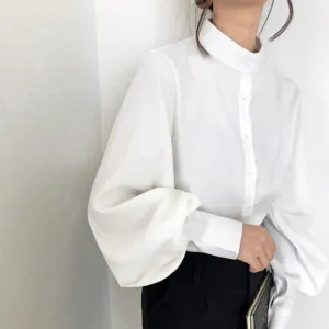 ContiNent 33 Big Lantern Sleeve Blouse Women Autumn Winter Single Breasted Stand Collar Shirts Office Work Blouse Solid Vintage Blouse Shirts