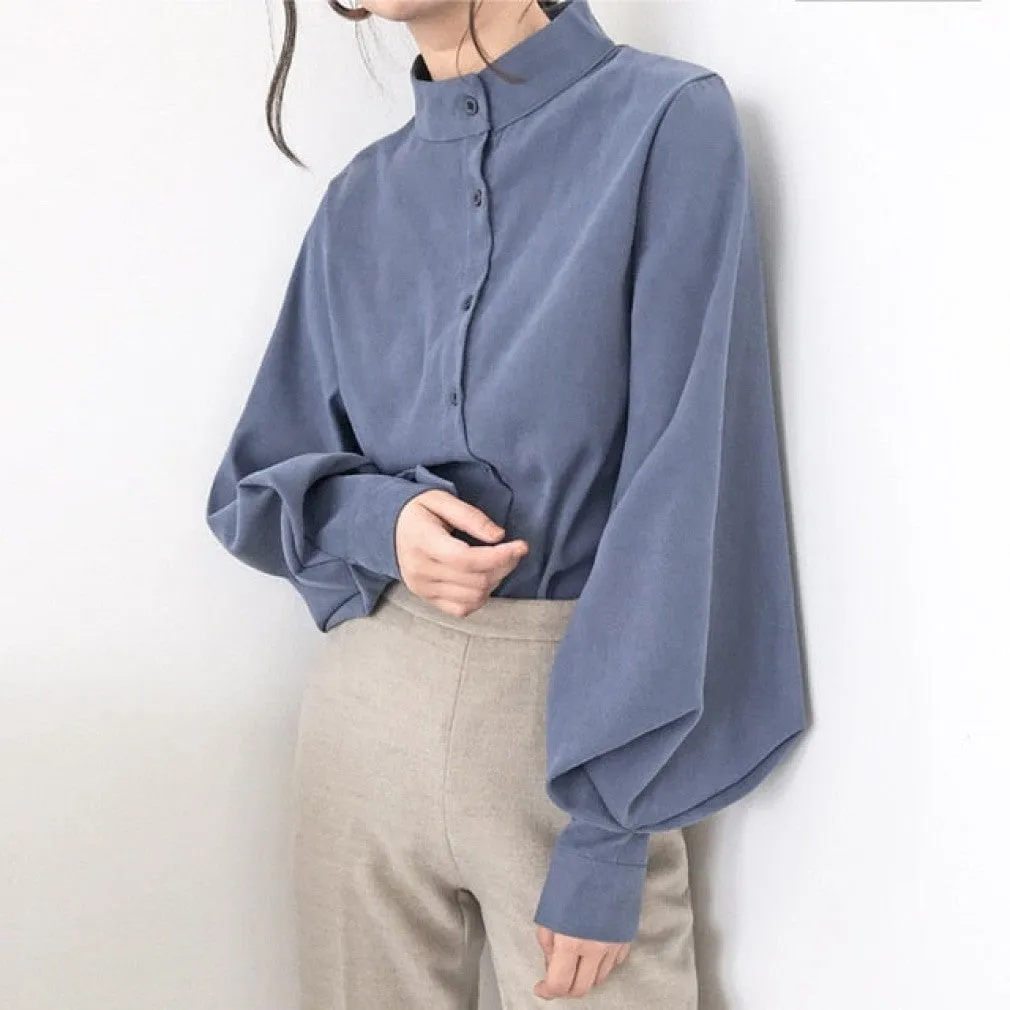 ContiNent 33 Big Lantern Sleeve Blouse Women Autumn Winter Single Breasted Stand Collar Shirts Office Work Blouse Solid Vintage Blouse Shirts