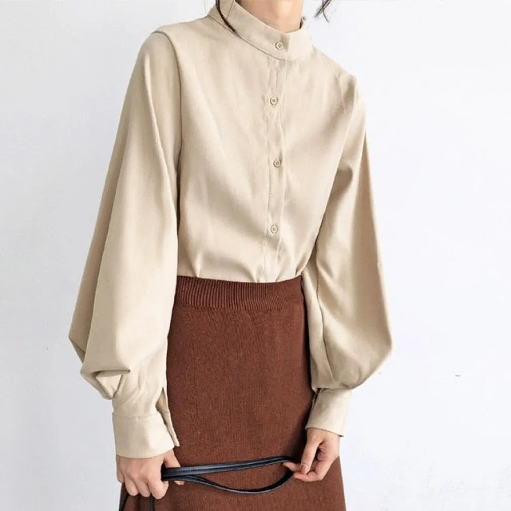 ContiNent 33 Big Lantern Sleeve Blouse Women Autumn Winter Single Breasted Stand Collar Shirts Office Work Blouse Solid Vintage Blouse Shirts