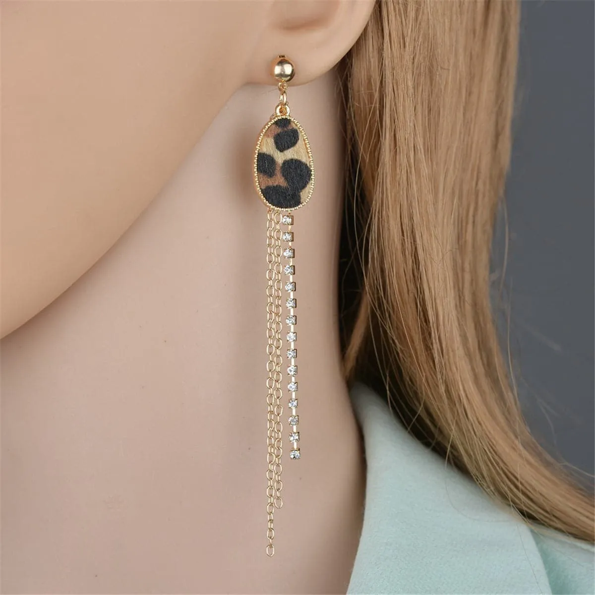 Cubic Zirconia & Brown Leopard Tassel Drop Earrings