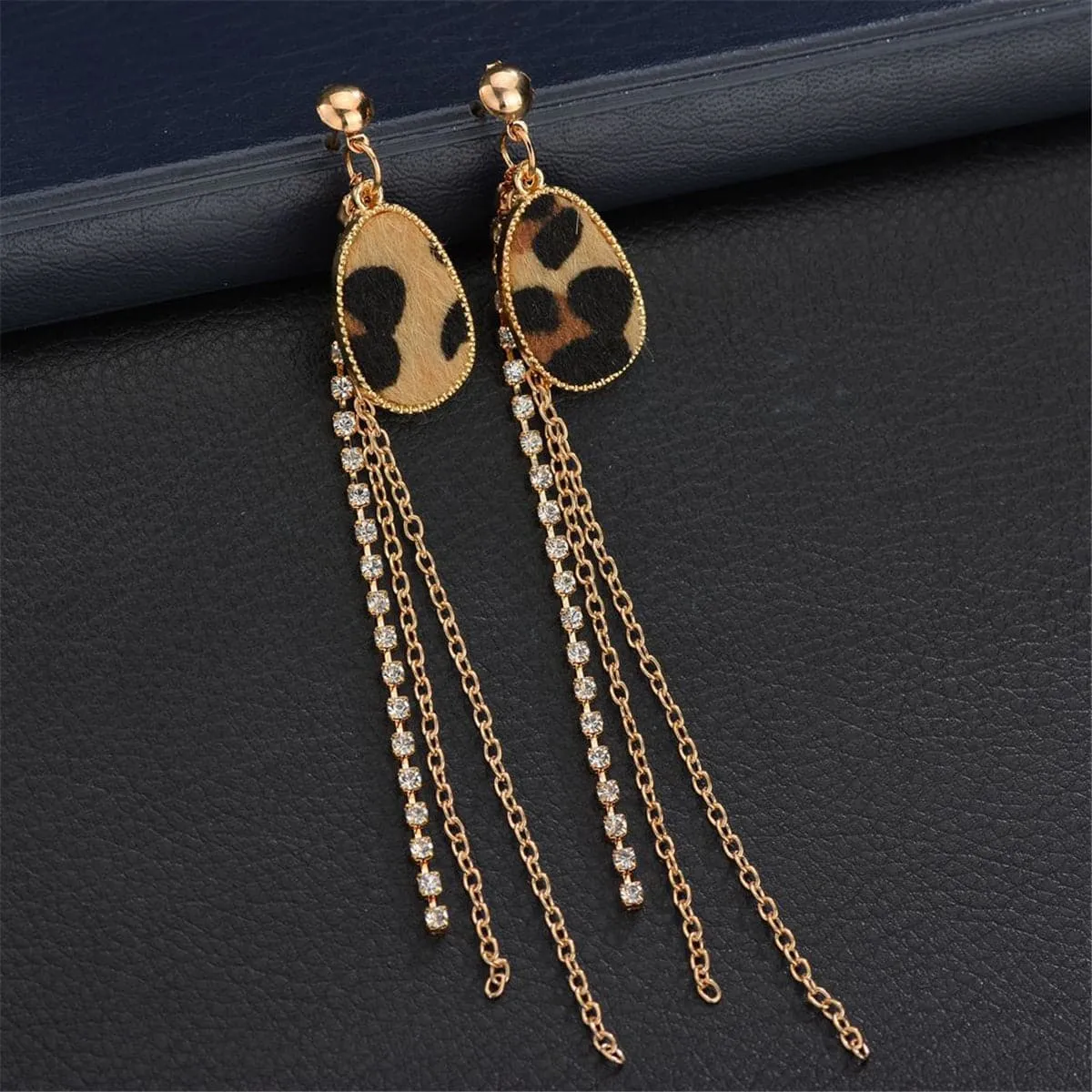 Cubic Zirconia & Brown Leopard Tassel Drop Earrings