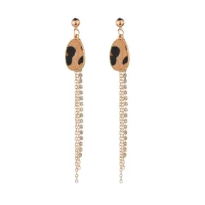 Cubic Zirconia & Brown Leopard Tassel Drop Earrings