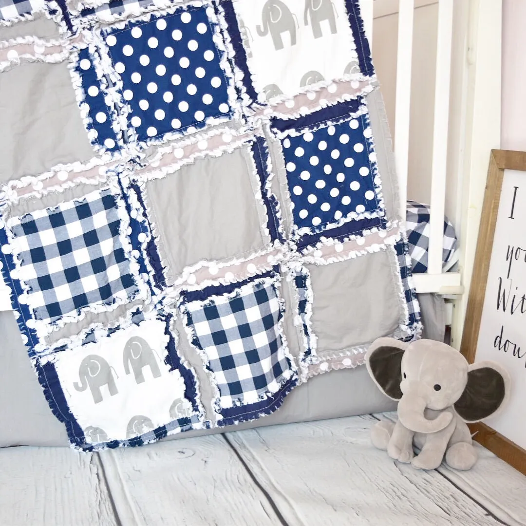 Elephant Crib Bedding | Navy Blue, Gray