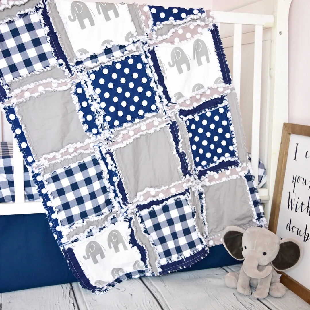 Elephant Crib Bedding | Navy Blue, Gray