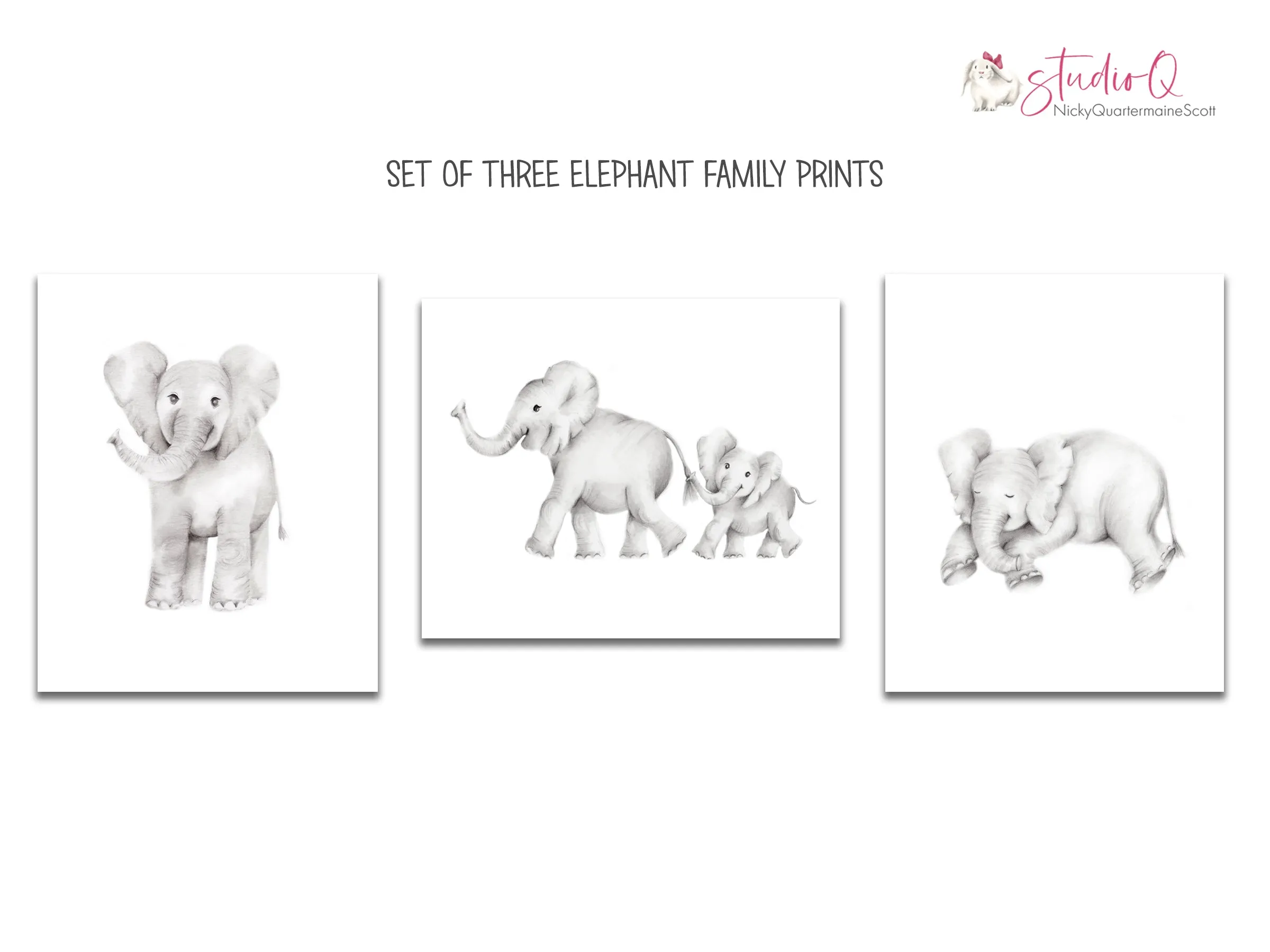 Elephant Family Art Prints - Set of 3