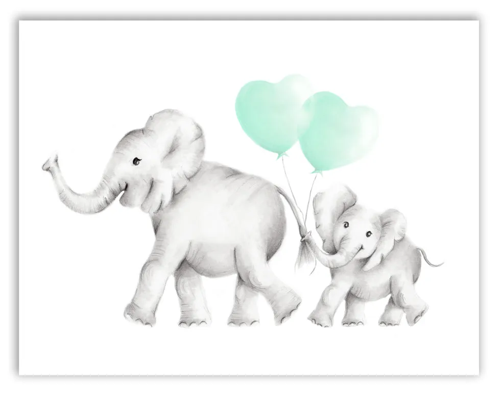 Elephant Mama & Baby Heart Balloons Print