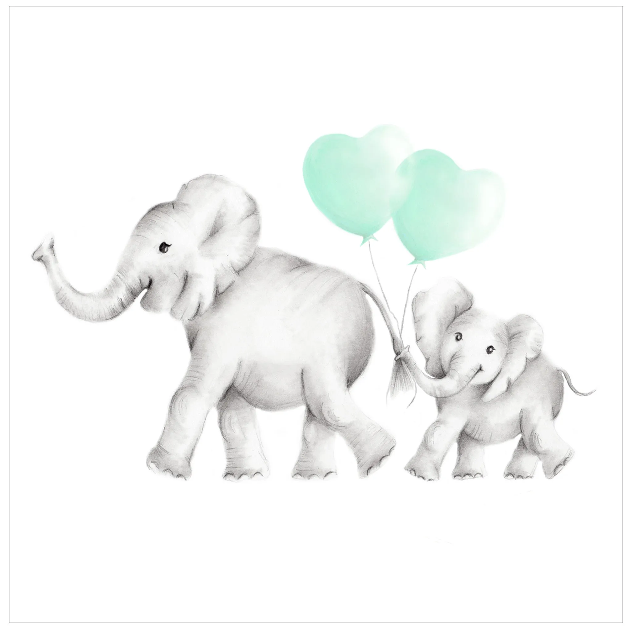 Elephant Mama & Baby Heart Balloons Print