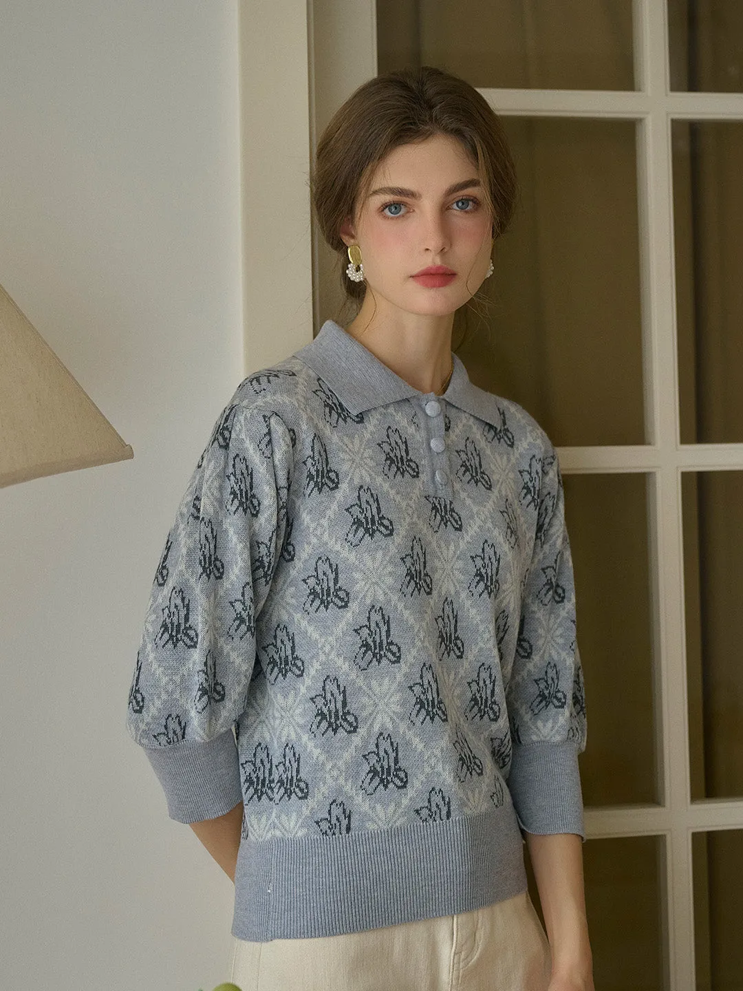 【Final Sale】Tamsin Polo Collar Floral Knit Wool Top - Gray