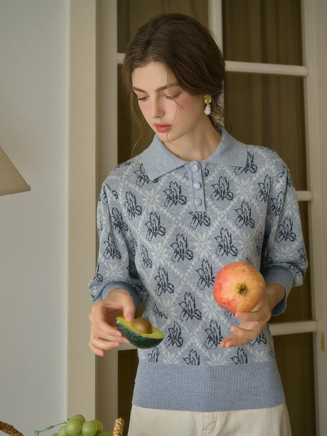【Final Sale】Tamsin Polo Collar Floral Knit Wool Top - Gray