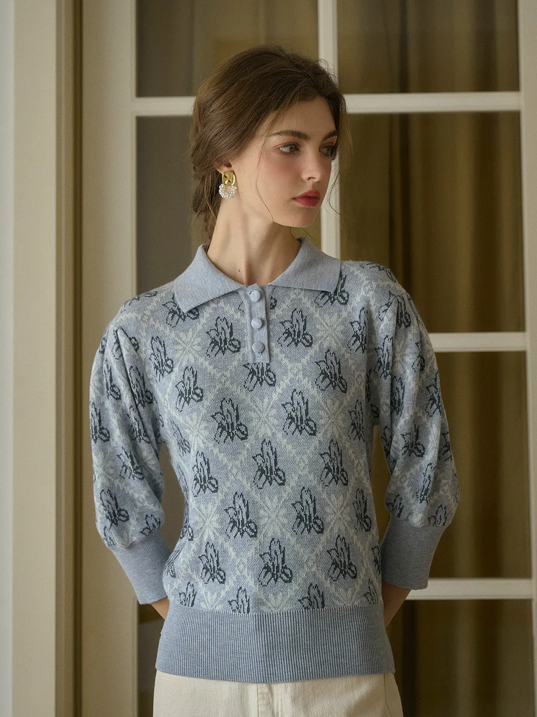 【Final Sale】Tamsin Polo Collar Floral Knit Wool Top - Gray