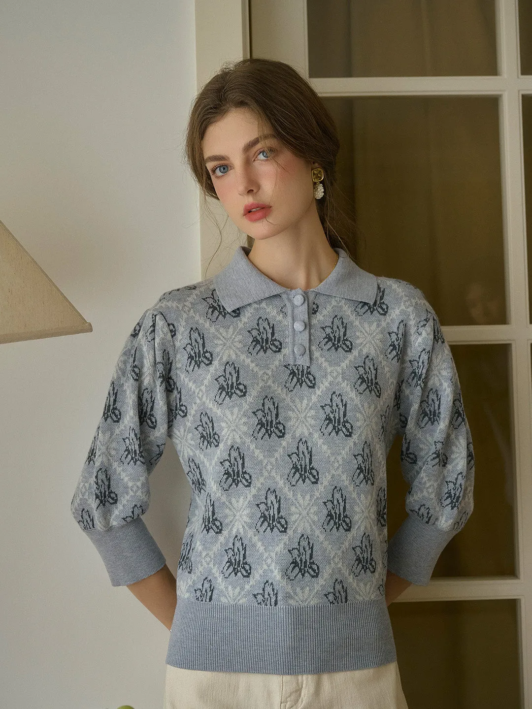 【Final Sale】Tamsin Polo Collar Floral Knit Wool Top - Gray