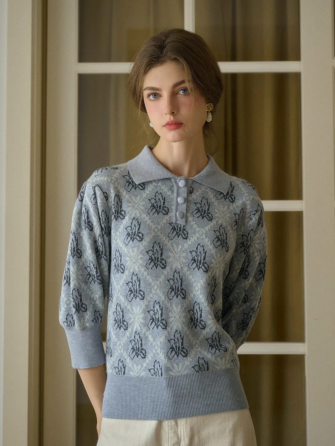 【Final Sale】Tamsin Polo Collar Floral Knit Wool Top - Gray