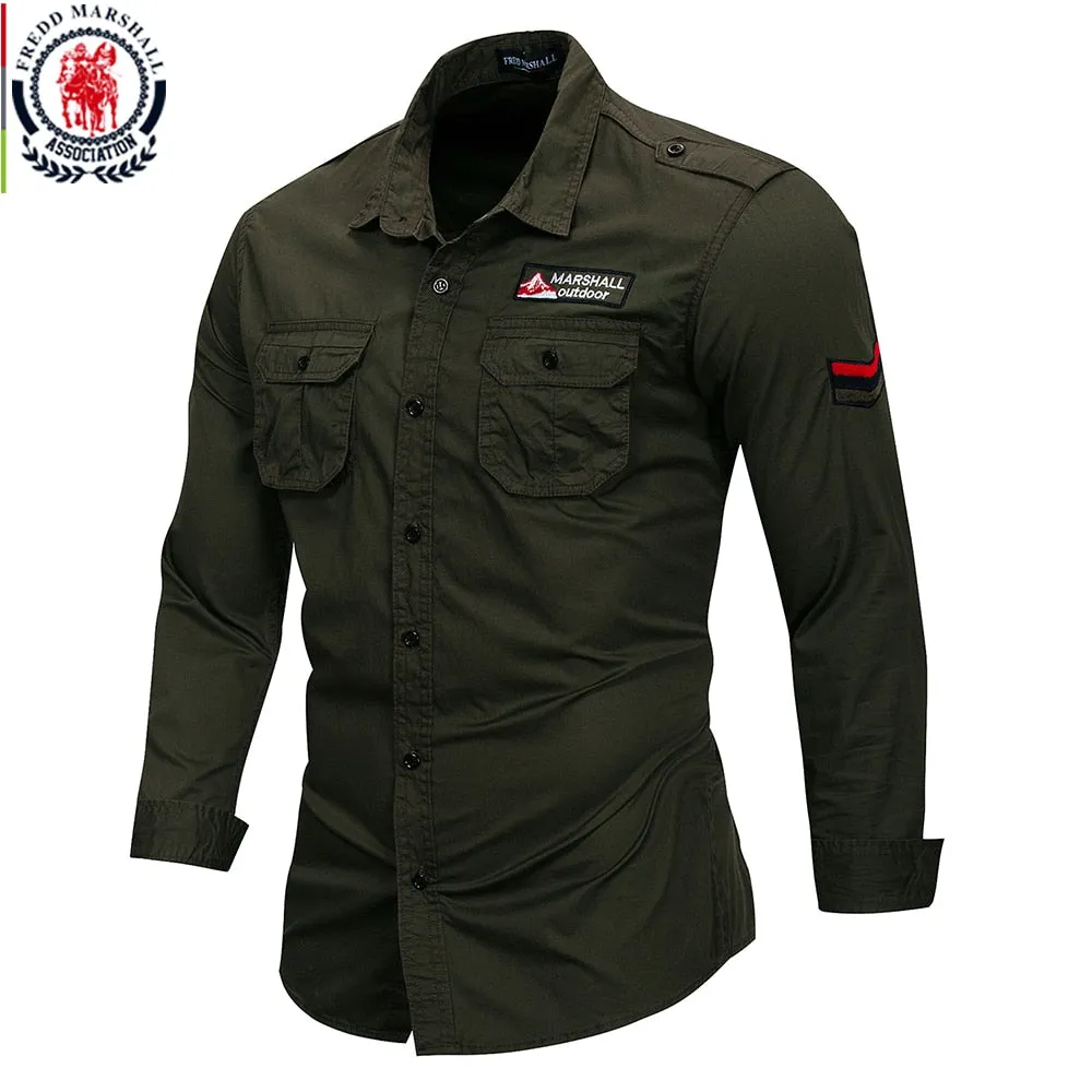 Fredd Marshall 2018 New 100% Cotton Military Shirt Men Long Sleeve