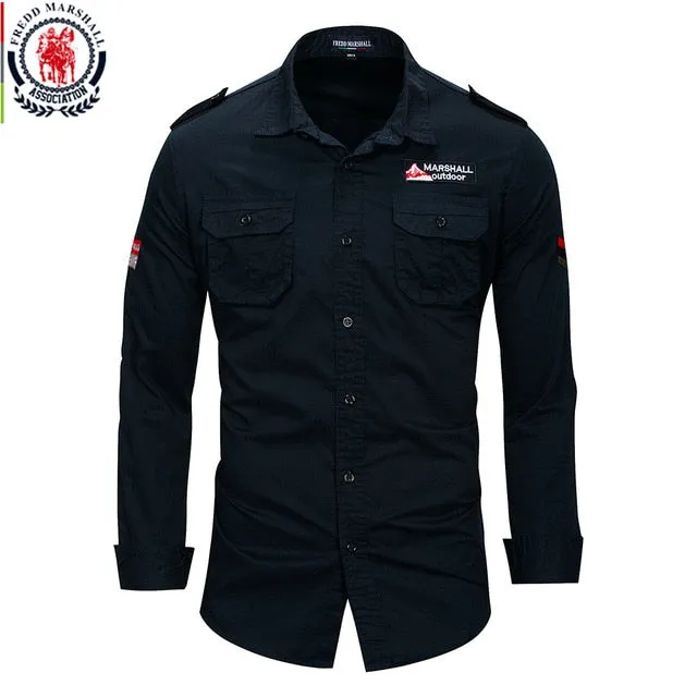 Fredd Marshall 2018 New 100% Cotton Military Shirt Men Long Sleeve