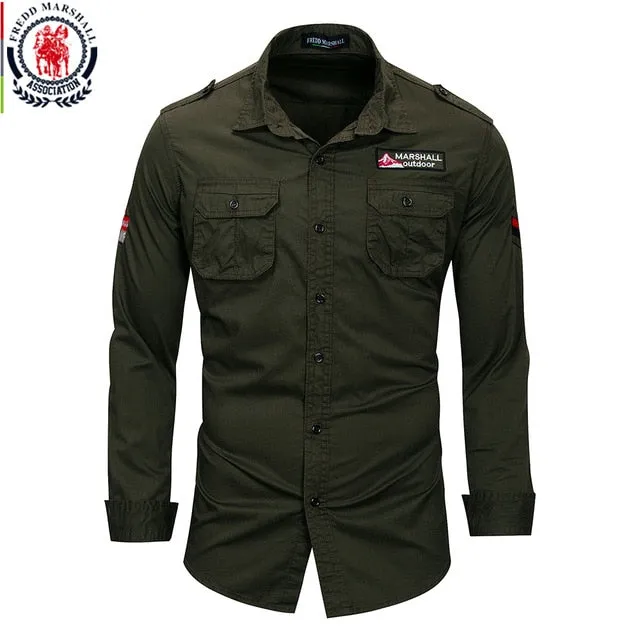 Fredd Marshall 2018 New 100% Cotton Military Shirt Men Long Sleeve